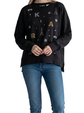 Karl Lagerfeld Black Crewneck Sweater with Crystal Motifs